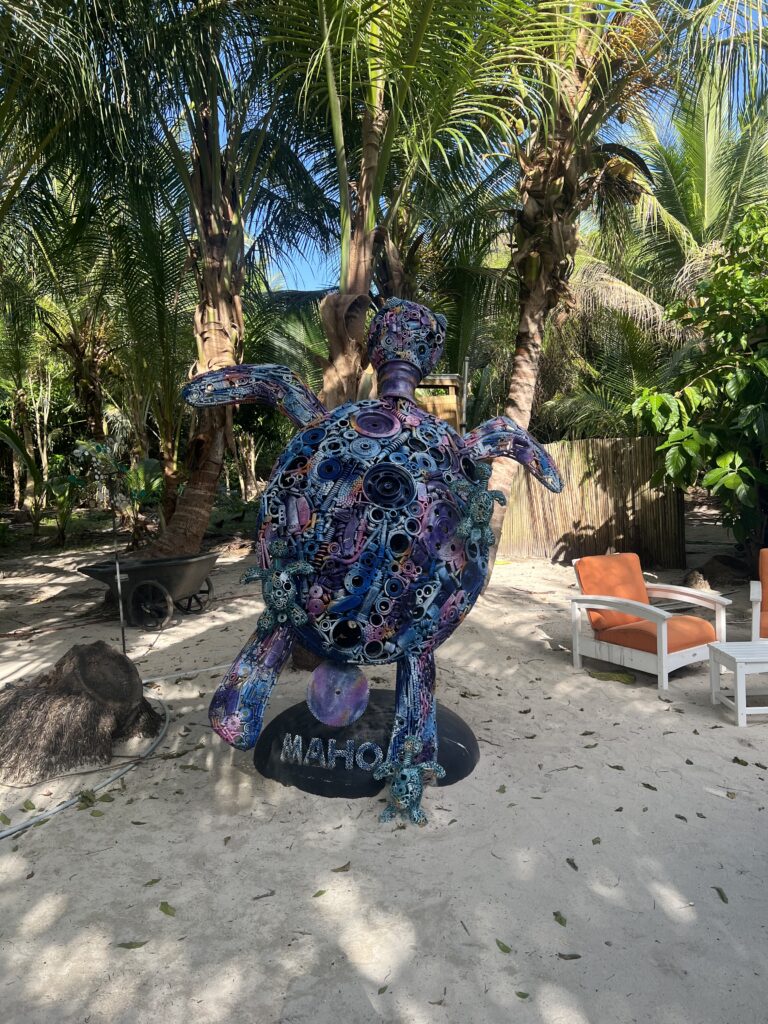 Recycled-metal sea turtle sculpture at Maho Bay, St. John